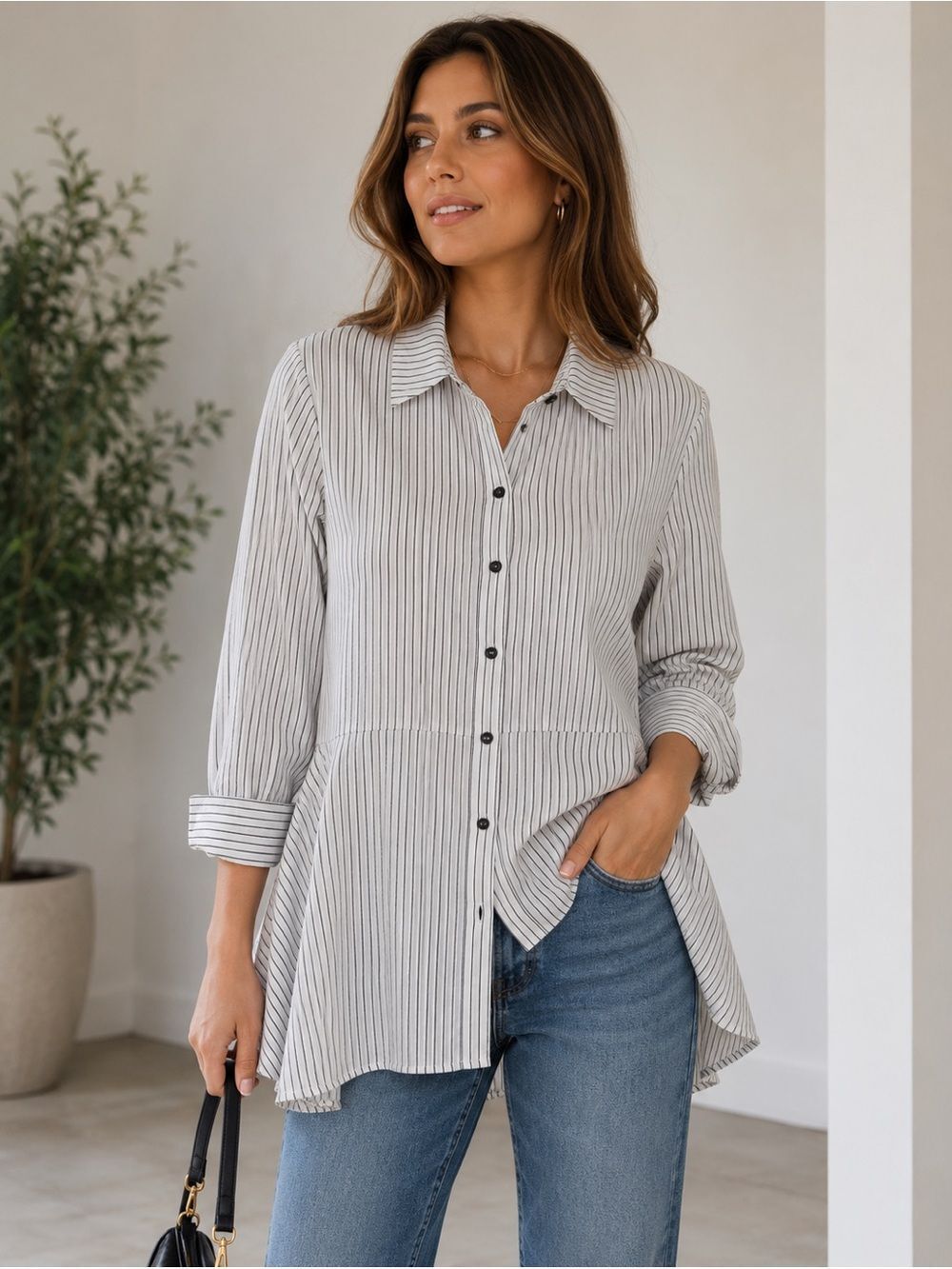 Beau Jours Striped Cotton Blend Long Sleeves Hi-Low Hem Tunic Top Size S